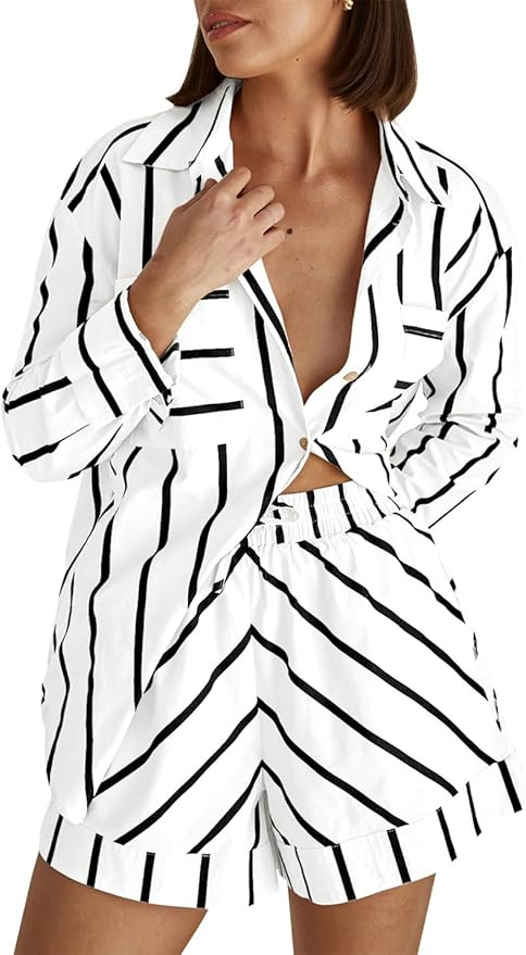 Women's Striped 2 Piece Outfits Casual Button Down Shirts and Shorts Drawstring Pajamas Lounge Ma... | Amazon (US)