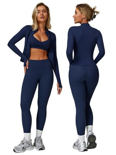 EFOGEP 3 Piece Women Workout Sets Sports Bra Long Sleeved Jacket High Waist Legging Suitable for Yoga Golf Outfits Set Blue S | Amazon (US)