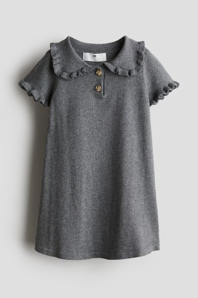 Ruffle-Trimmed Fine-Knit Dress - Short sleeve - Knee-length - Black - Kids | H&M US | H&M (US + CA)
