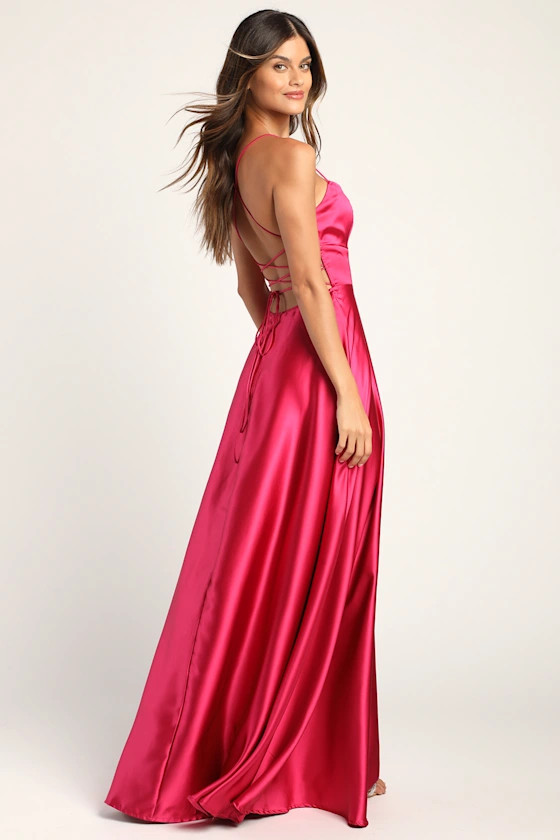 Lustrous Affair Fuchsia Satin Sleeveless Lace-Up Maxi Dress | Lulus (US)