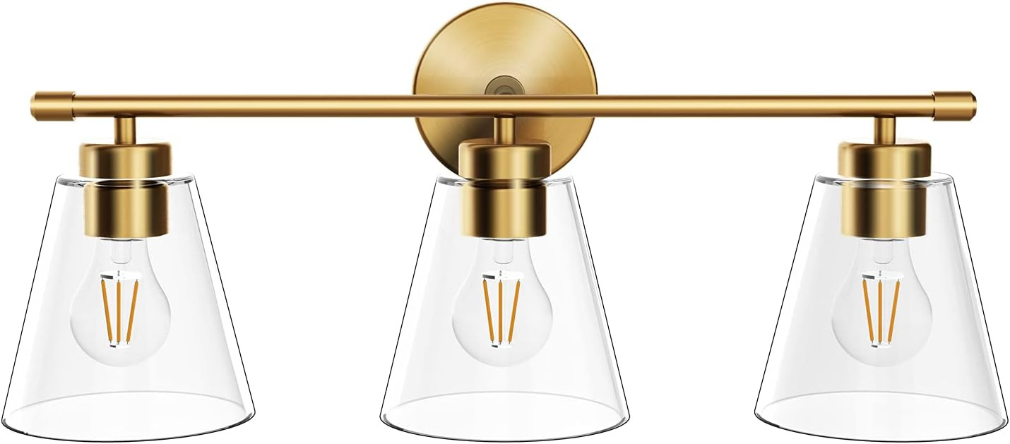 Hamilyeah Gold Bathroom Vanity Light Fixtures Over Mirror, 3 Light Vanity Lights Clear Glass, Ind... | Amazon (US)