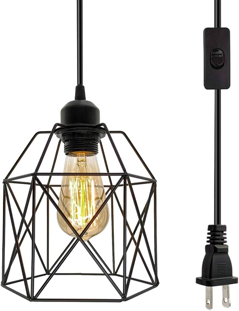 Industrial Plug in Pendant Light, Black Cage Pendant Light Fixture with On/Off Switch, E26 Socket... | Amazon (US)
