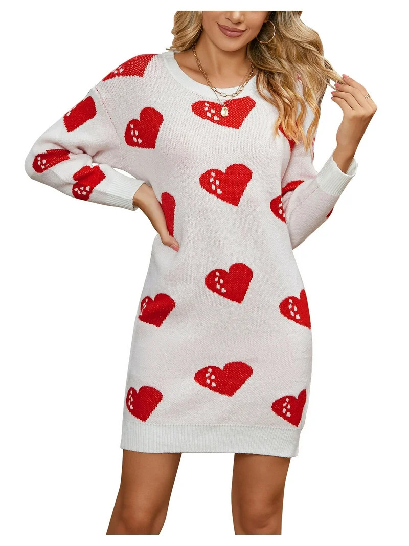 Valentines Day Sweater Dresses for Women Wrap Hip Slim Fit Cute Heart Sweaters Crew Neck Mid-Leng... | Walmart (US)