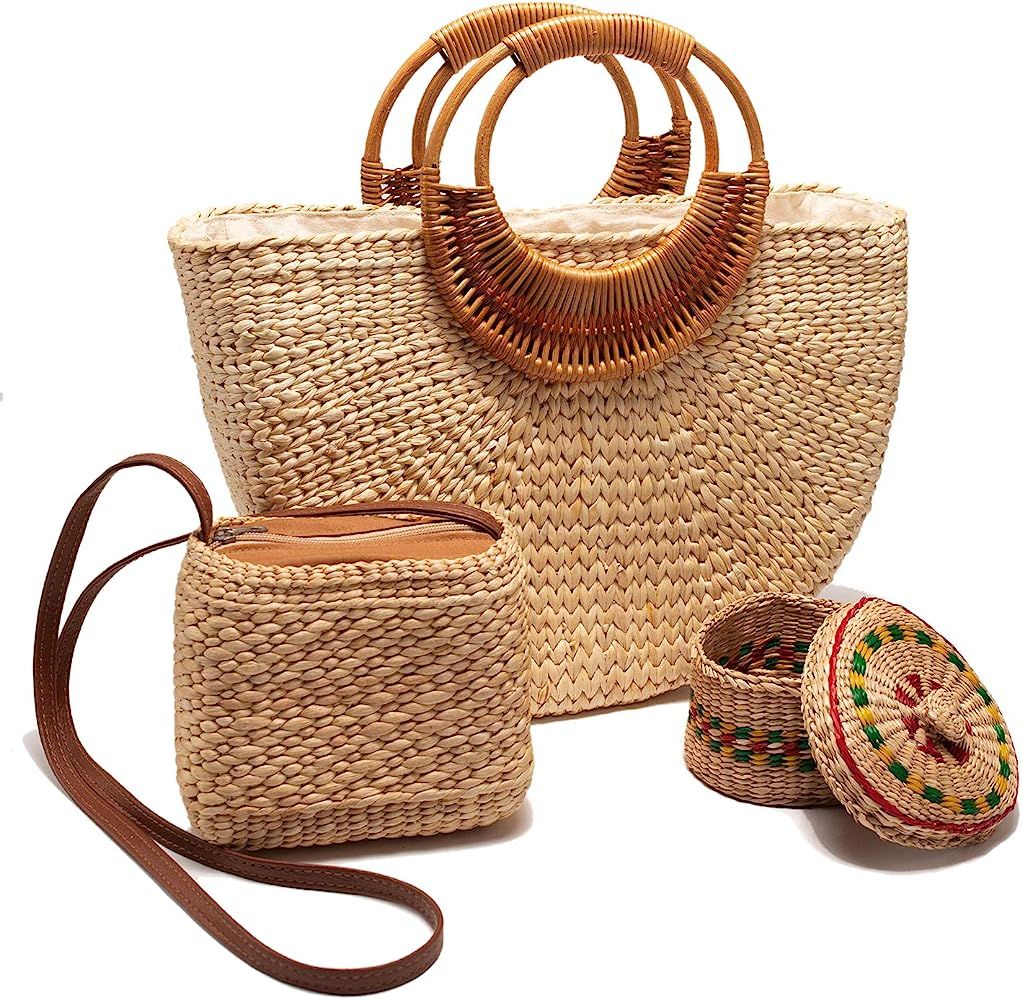 Aviboo Straw Summer Beach Tote Handbag, Top Handle Big Capacity Travel Set of 2 Bags Large and Sm... | Amazon (US)