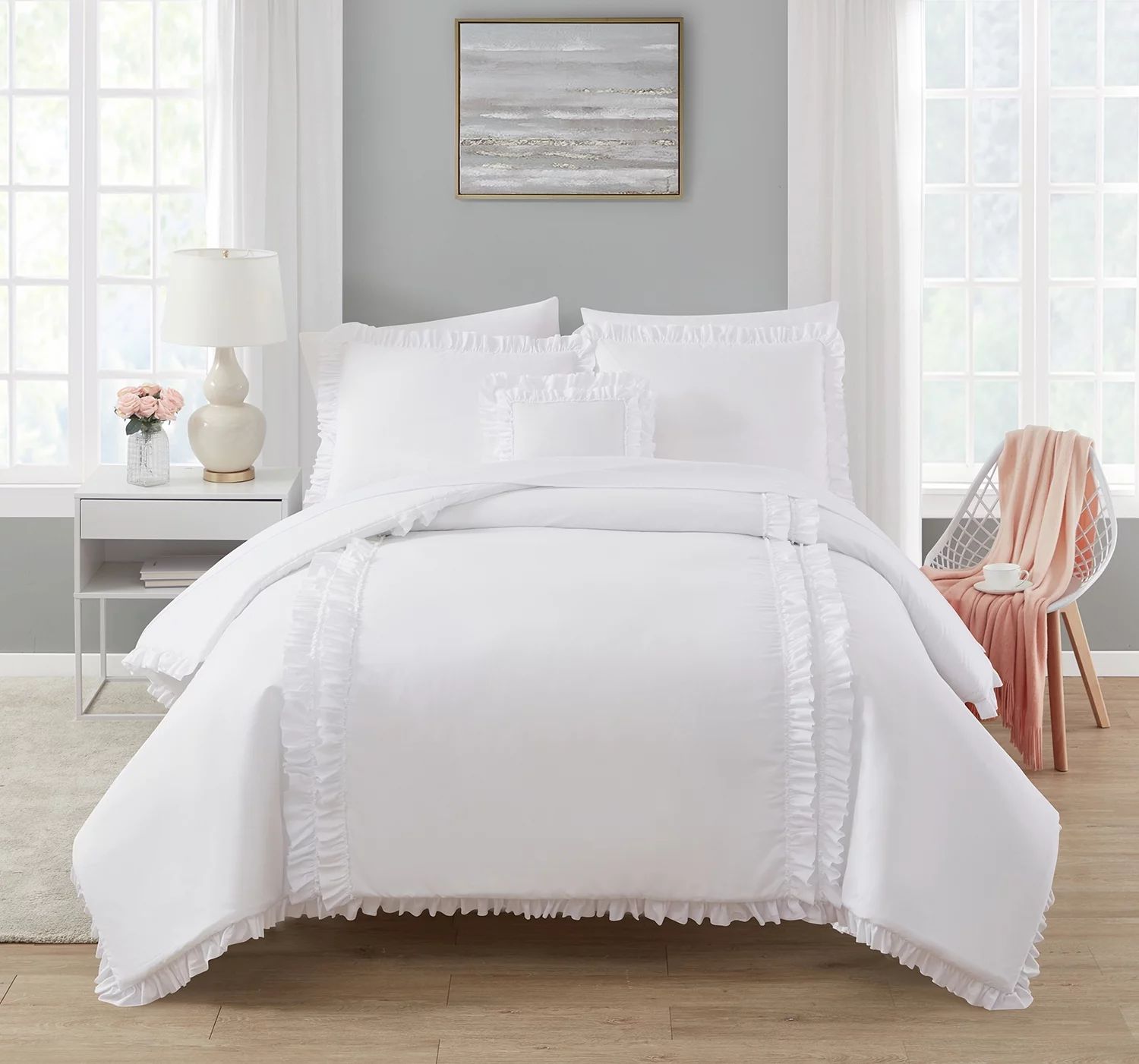 Simply Shabby Chic Reversible White Ruffle 3-Piece Comforter Set + Decorative Pillow, Twin | Walmart (US)