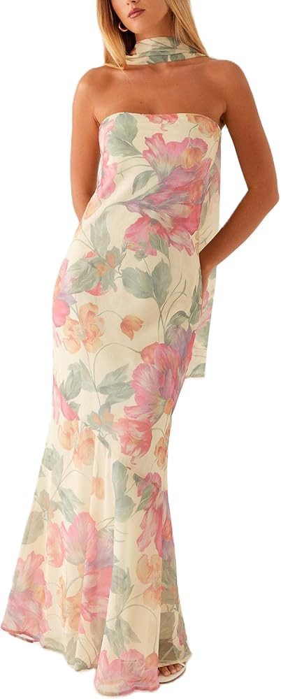 Women Strapless Floral Dress with Sarf Mesh Tube Maxi Dress Summer Cocktail Wedding Guest | Amazon (US)