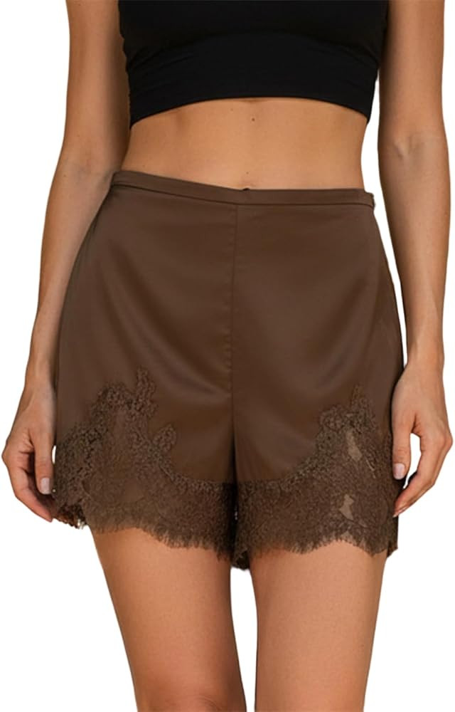 Lace Trim Satin Shorts for Women Half Slips Pajama Lingerie Micro Shorts Silk Lace Short Loungewe... | Amazon (US)