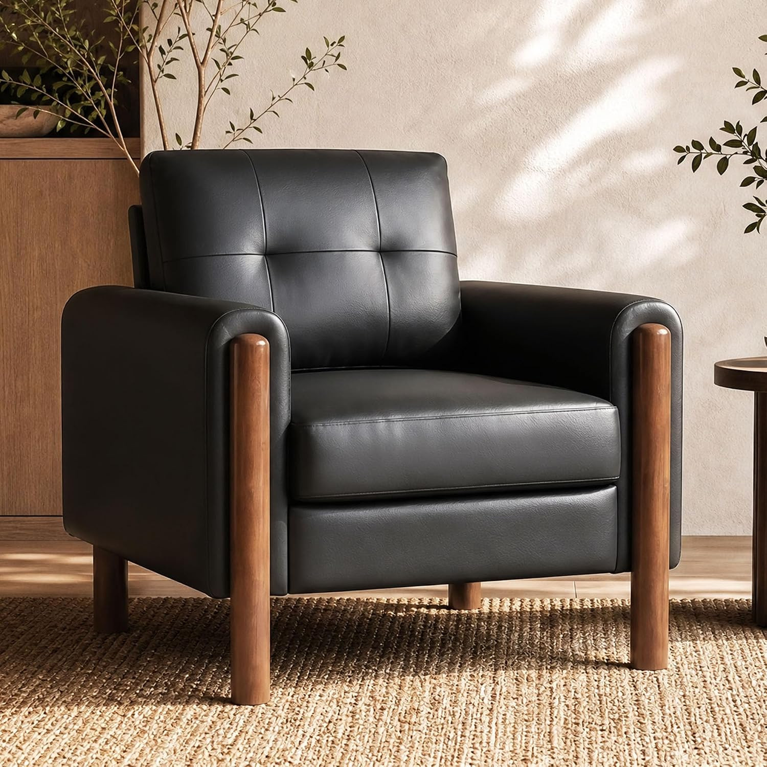 35" Black Leather Oversized Accent Chair with Wood Armrests, Mid-Century Modern Tufted Living Room Chair, Comfy Reading Sofa Chair with Lumbar Support & Thick Cushion Waiting Room Office | Amazon (US)