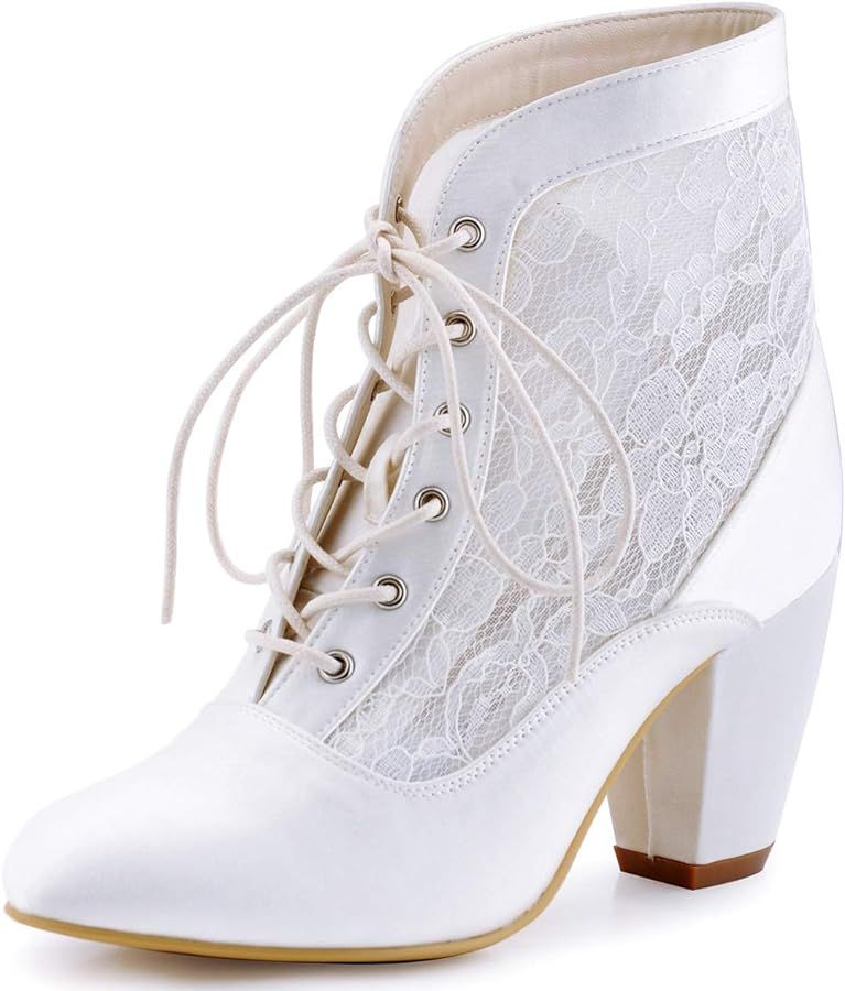 ELEGANTPARK Women Closed Toe Chunky Heel Lace Up Satin Lace Wedding Bridal Boots | Amazon (US)