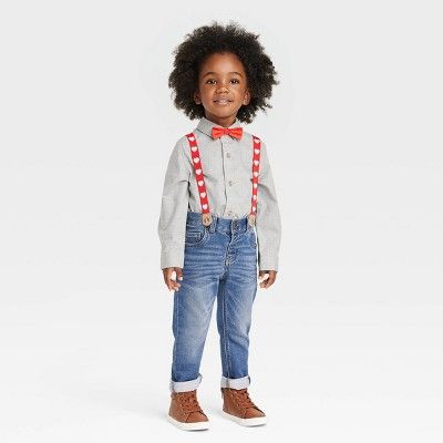 Toddler Boys' Valentine's Day Long Sleeve Button-Up Shirt and Denim Suspender Set - Cat & Jack™... | Target