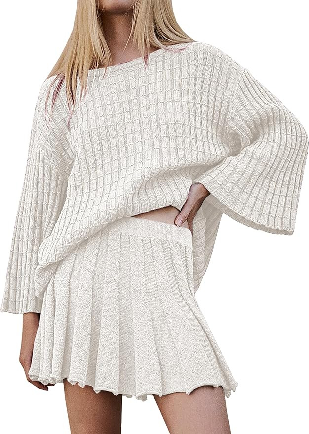 Sweater Set 2 Piece Skirt Sets for Women Two Piece Outfits Casual Loose Knit Pullover Mini Skirt | Amazon (US)