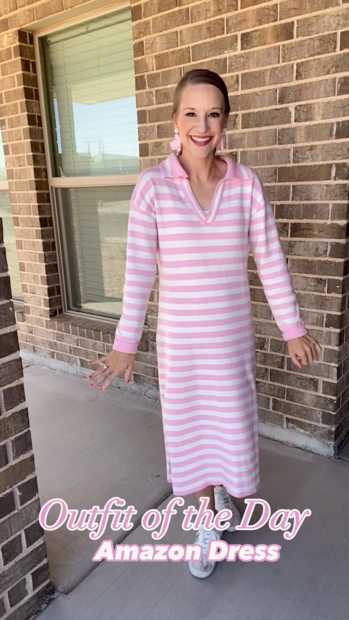 Outfit of the day featuring the cutest and comfiest Amazon striped dress!! This dress is only $15!!! 🌸💗
