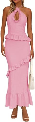 Wenrine Womens Summer Halter Maxi Dress Ruffle Tassel Cutout Backless Long Sleeveless Party Dress... | Amazon (US)