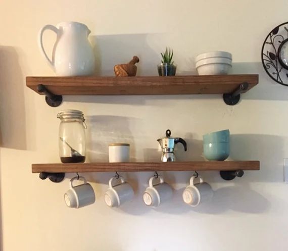 A Rustic Kitchen Coffee Bar Floating shelf, industrial wall pipe shelf, Farmhouse Decor Kitchen D... | Etsy (US)