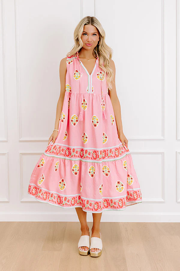 Margaritas On The Boardwalk Floral Midi Dress in Pink | Impressions Online Boutique