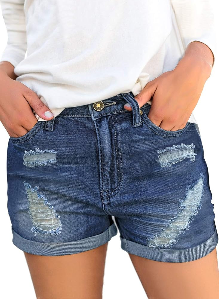 Utyful Women's Summer Mid Waist Ripped Raw Cut Hem Washed Distressed Stretchy Denim Jean Shorts | Amazon (US)