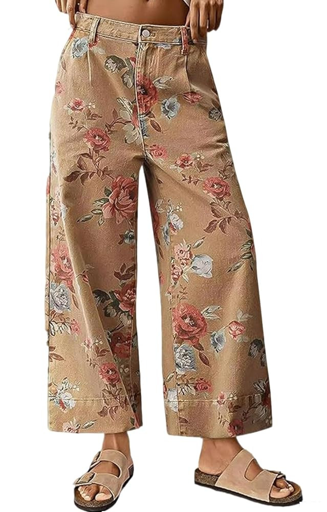 loveimgs Women Mid Rise Cropped Wide Leg Jeans Baggy Floral Ankle Pants Denim Capris Flare Print ... | Amazon (US)