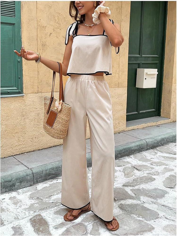 SOLY HUX Women's Summer Vacation 2 Piece Set Tie Shoulder Crop Top and Pants Travel Outfits | Amazon (US)