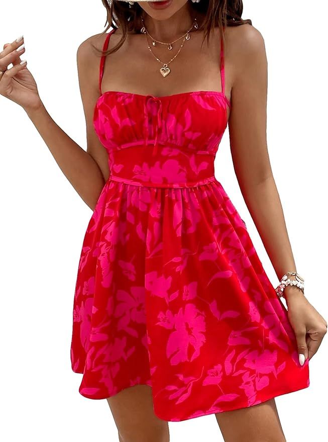 Milumia Women's Floral Print Backless Short Cami Dress Tie Front Flared Mini Sun Dresses | Amazon (US)