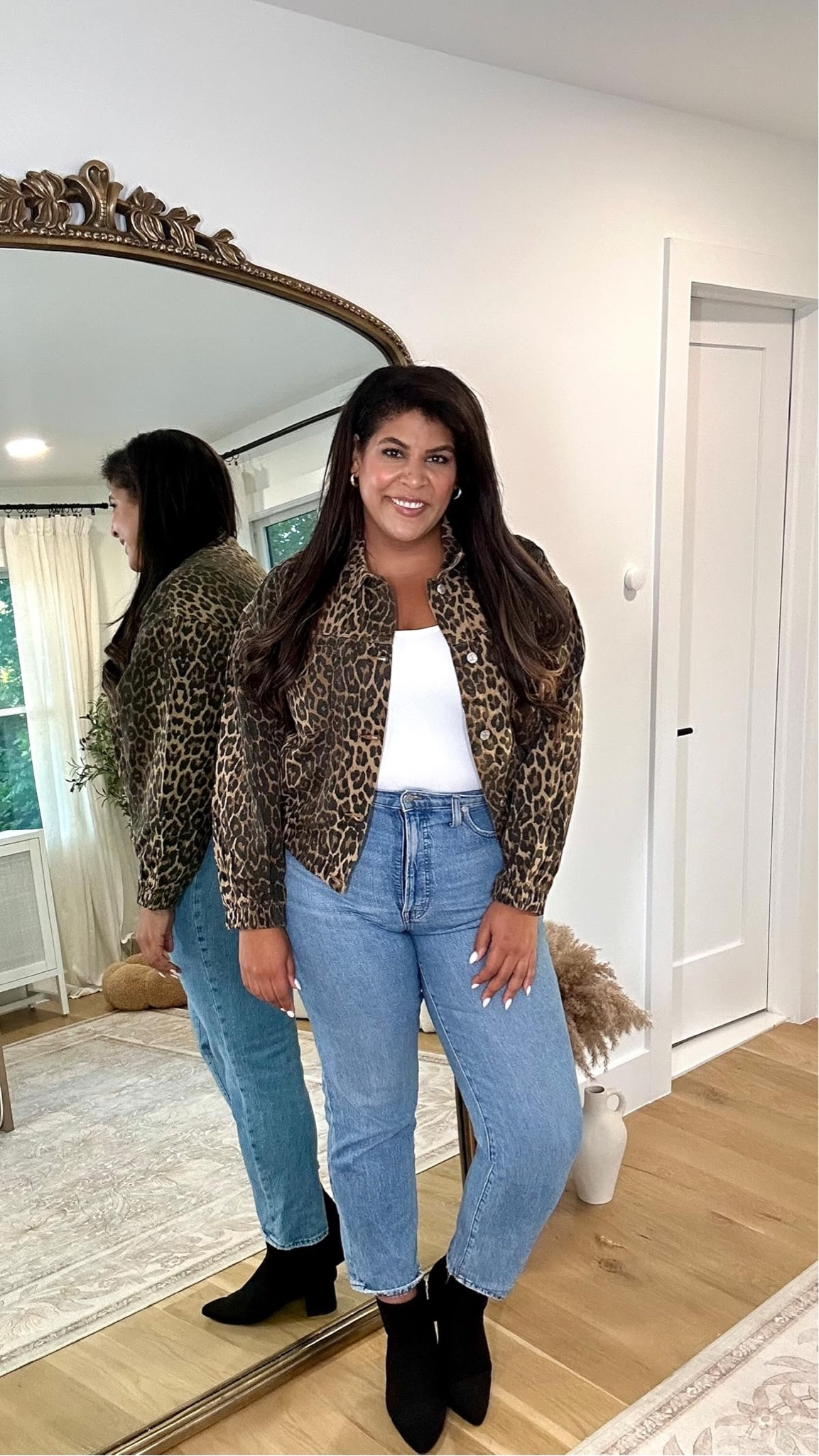 midsize casual fall outfit idea with leopard trend— I’m 5’9” 38D size 12 or XL wearing an XL in coat, bodysuit, & a size 32 in jeans! #fallfashion #womensstyle #amazonfashion 

#LTKMidsize #LTKFindsUnder50 #LTKSeasonal