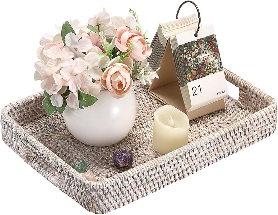 IGNPION Rattan Serving Tray Rectangle Decorative Display Tray Guest Towel Holder with Handle Desk... | Amazon (UK)