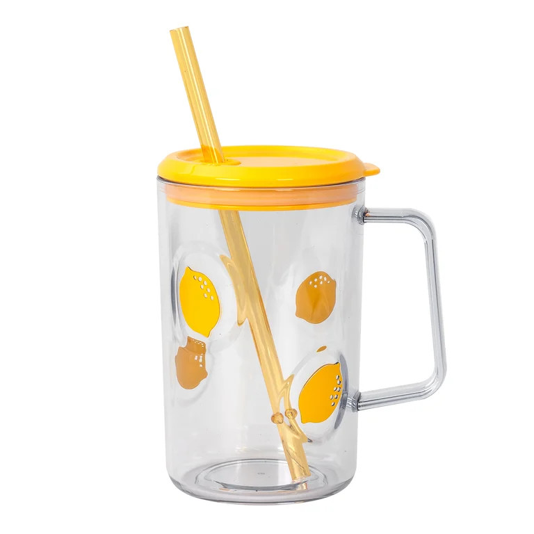 Mainstays 20oz Plastic Mug with Lid, Straw & Handle, Clear, Yellow, Lemon | Walmart (US)