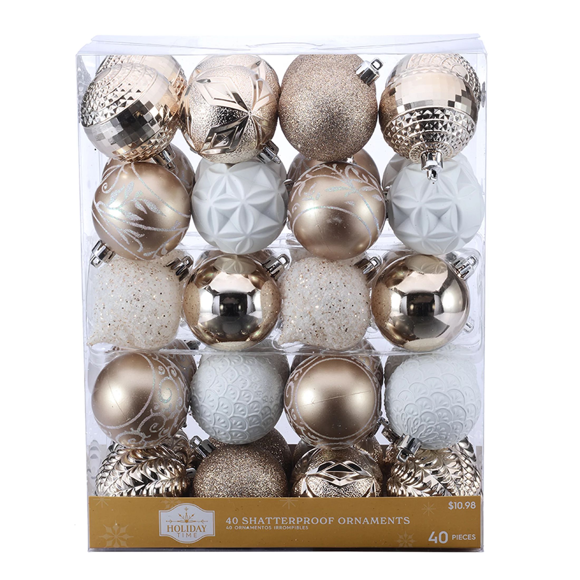 Holiday Time 60 mm Christmas Shatterproof Ornaments, Champagne Gold and White, 40-Count - Walmart... | Walmart (US)
