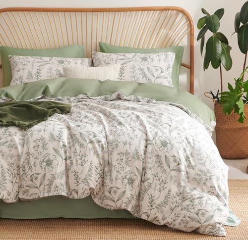 Sedefen Sage Green Duvet Cover Queen Size Romantic Floral Botanical Bedding Set 3 Pcs for Kids Boys Girls Spring Garden Aesthetic Leaves Soft Breathable Comforter Cover with 2 Pillowcases | Amazon (US)