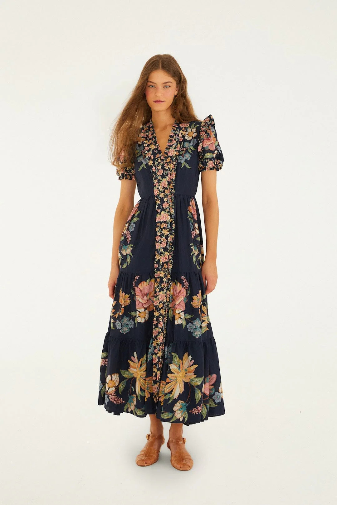 Dark Blue Maira Floral Short Sleeve Maxi Dress | FARM Rio | FarmRio (US)
