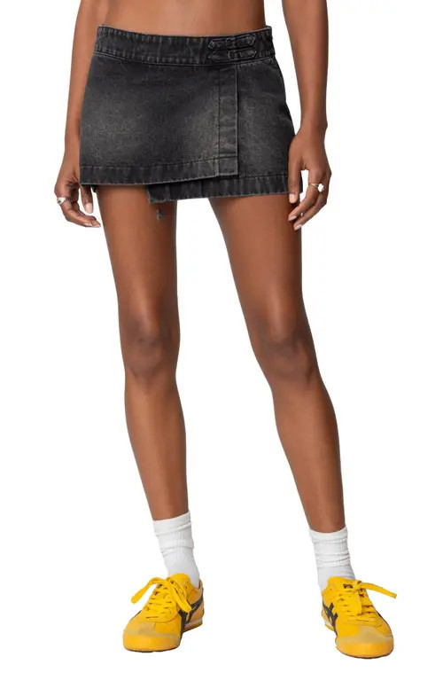EDIKTED Asymmetric Denim Wrap Skort in Black at Nordstrom, Size Small | Nordstrom