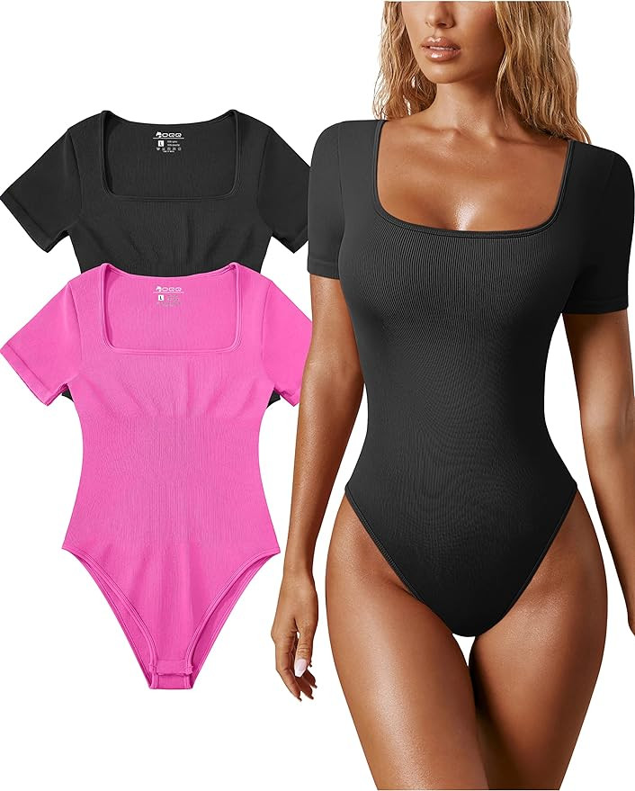 OQQ Women's 2 Piece Bodysuits Sexy Ribbed One Piece Square Neck Short Sleeve Bodysuits | Amazon (US)