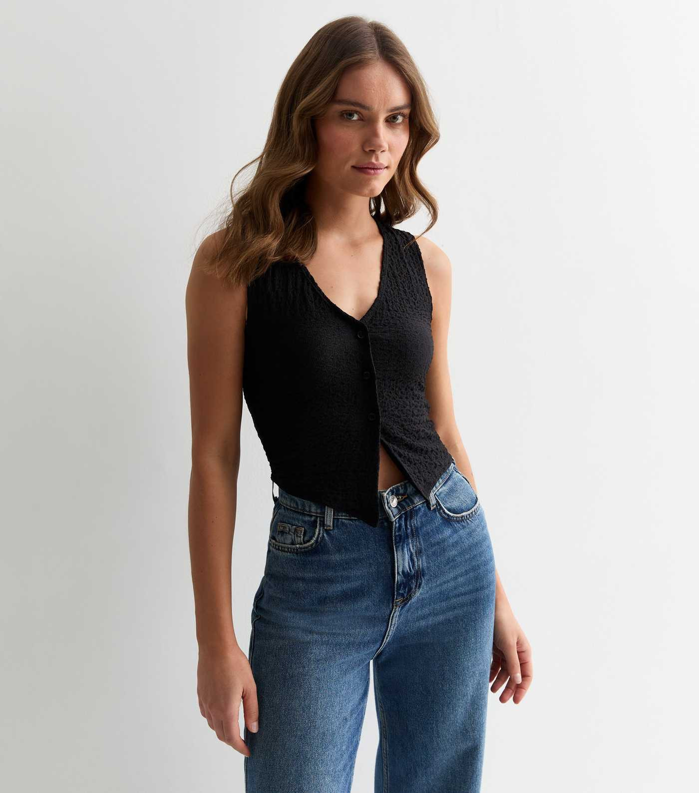 Black Jersey Button Down Sleeveless Vest | New Look | New Look (UK)