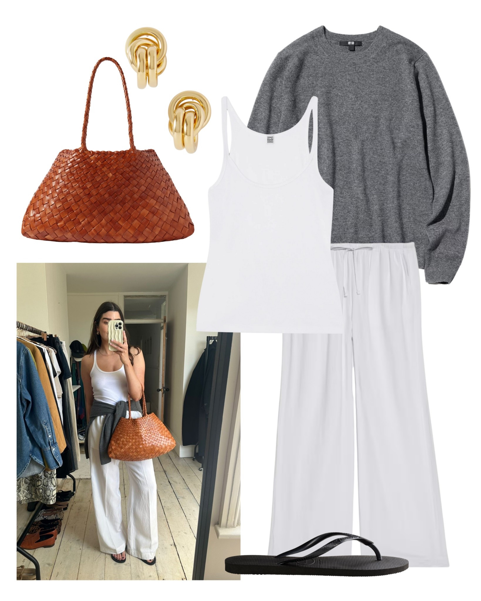Neutral layered look: white tank, grey jumper and loose white trousers with flip-flops - ideal for working from home or casual plans.

#LTKstyletip #LTKsummer