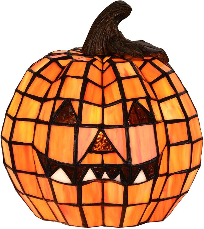 Bieye L10927 Carved Pumpkin Tiffany Style Stained Glass Accent Table Lamp for Halloween Decor | Amazon (US)