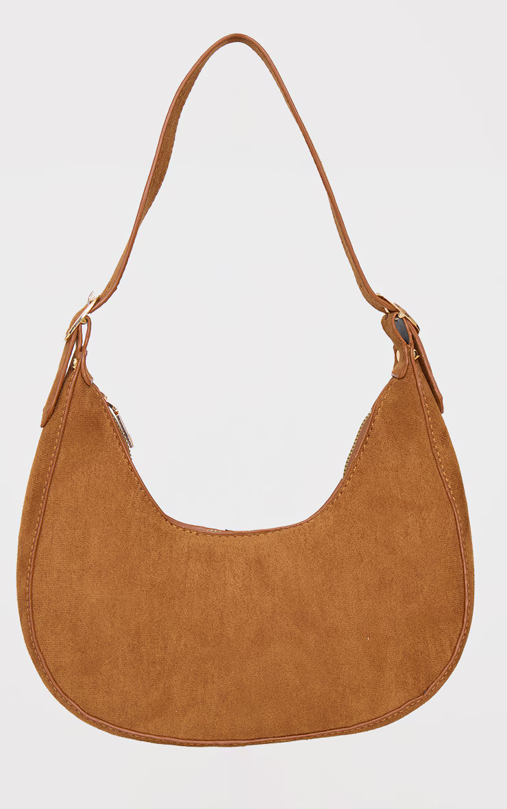 Tan Curved Faux Suede Shoulder Bag | PrettyLittleThing US