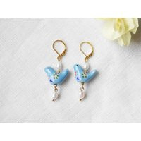 Blue Porcelain Bird Earrings - Quirky Freshwater Pearl Dangle | Etsy (US)