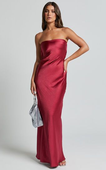 Charlita Maxi Dress - Strapless Cowl Back Satin Dress in Berry | Showpo (US, UK & Europe)