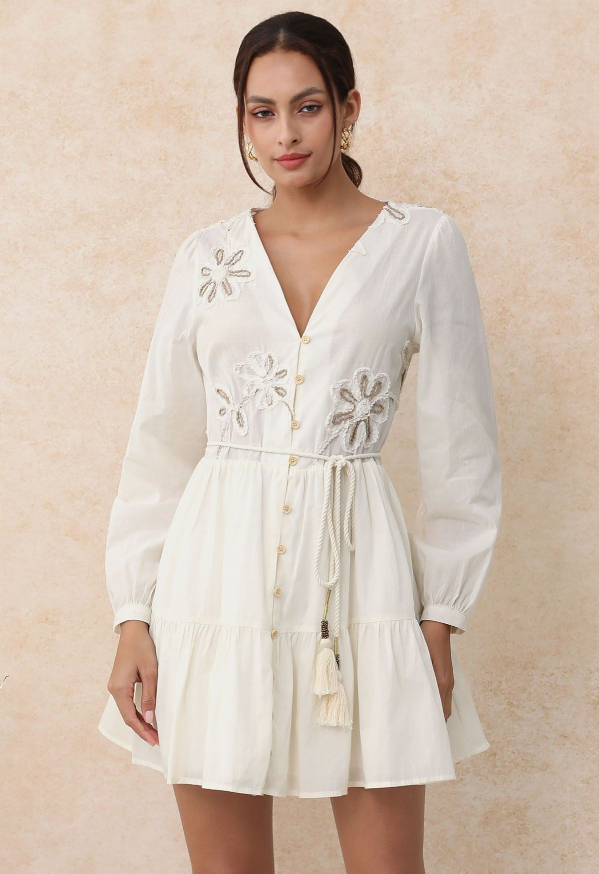 Floral Embroidery V-Neck Tassel String Buttoned Dress | Chicwish