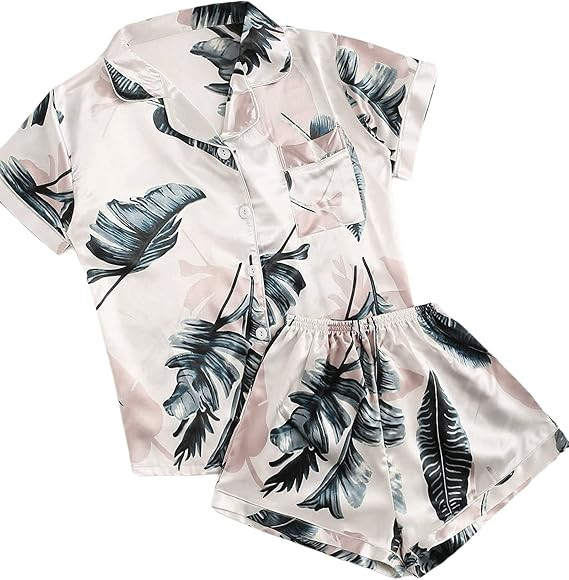Remidoo Women's Short Sleeve Button Down Satin 2 Piece Pajama Set Sleepwear | Amazon (US)