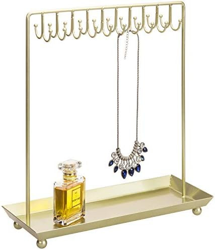 MyGift Brass-Tone Metal 20-Hook Necklace Display Stand with Ring Tray | Amazon (US)