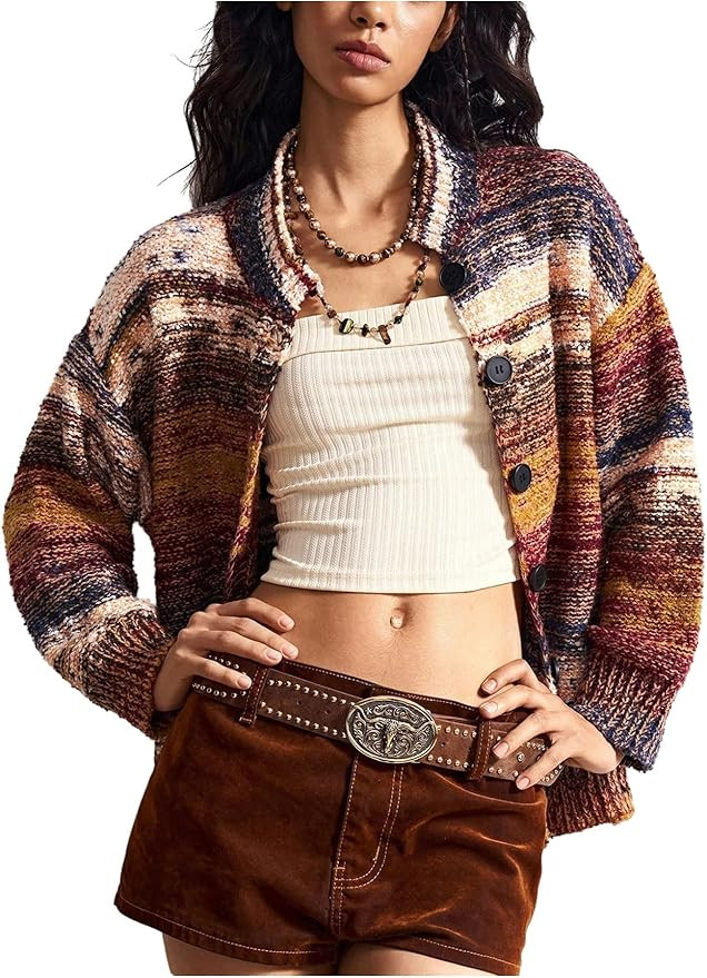 Women's Oversized Striped Cardigan Sweaters Retro Streetwear Button Down Casual Knit Outerwear Co... | Amazon (US)