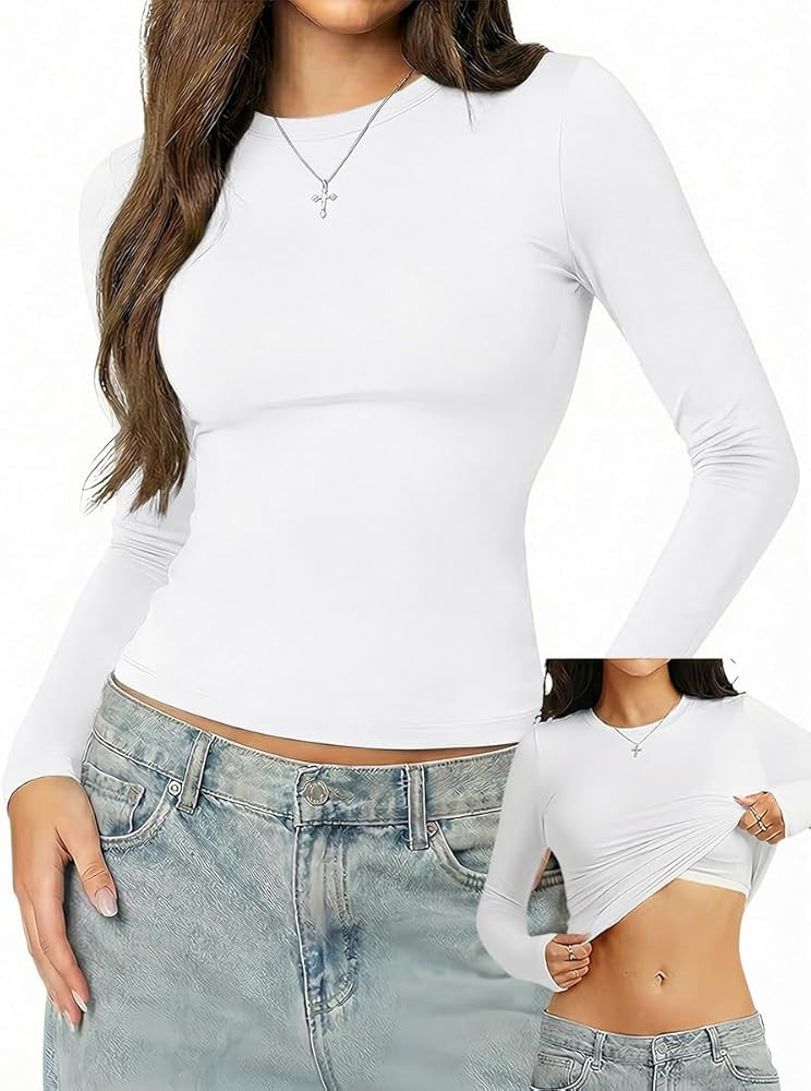 Danysu Double Lined High Round Neck Long Sleeve Tops for Women with Built in Bra Nylon Basic Crop... | Amazon (US)