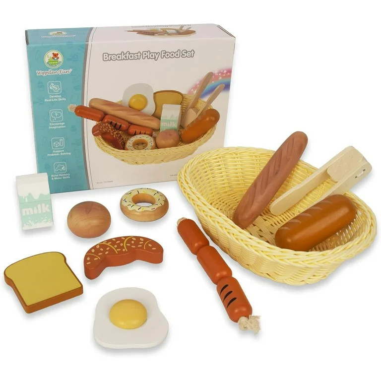 WOODENFUN Wooden Breakfast Toy Food Playset,Kids Pretend Play Food Kitchen Accessories with Stora... | Walmart (US)