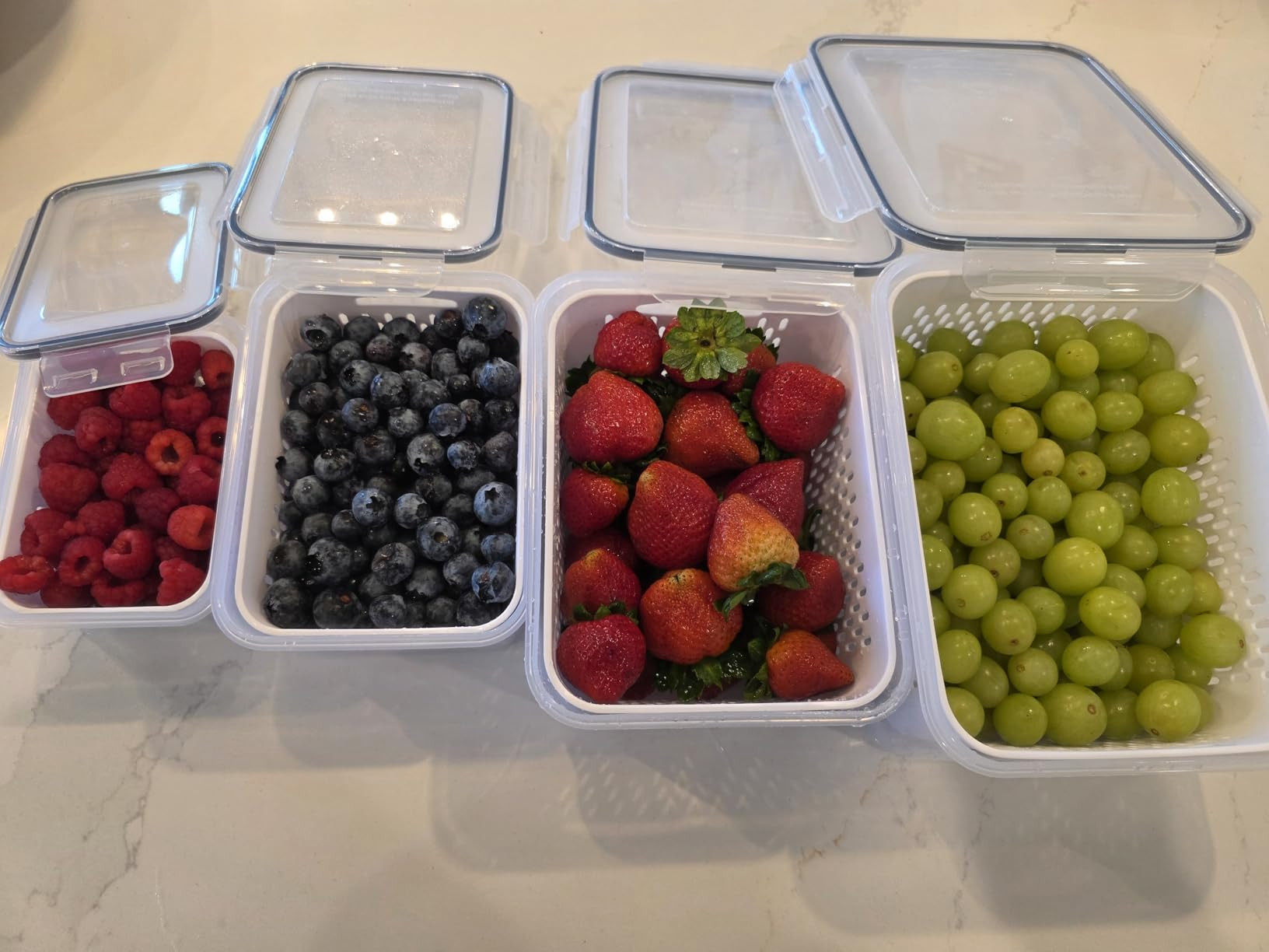 5 PCS Large Fruit Containers for Fridge - Leakproof Food Storage Containers with Removable Colander - Dishwasher & microwave safe Produce Containers Keep Fruits, Vegetables, Berry, Meat Fresh longer | Amazon (US)