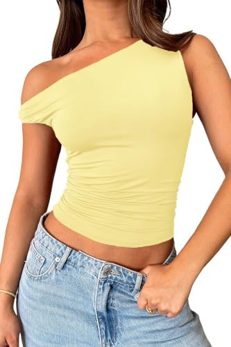 TiulZial Off the Shoulder Tops for Women - Going Out Top Double Lined Cute Summer Crop Tank Trendy Ruched (Yellow,M) | Amazon (US)