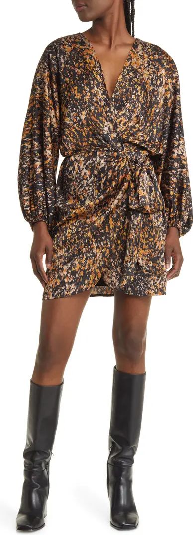 Abstract Print Long Sleeve Satin Faux-Wrap Dress | Nordstrom