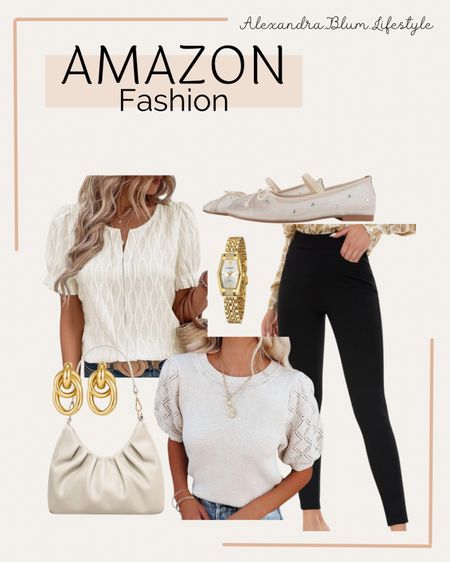 Amazon work outfit ideas! Business casual attire! Black dress pants, white, cream, ivory work tops and blouses, gold watch, ballet flat work shoes, and cream handbag purse bag!! Best selling gold earrings. Amazon fashion! Amazon trends!


#LTKworkwear #LTKfindsunder100 #LTKshoecrush