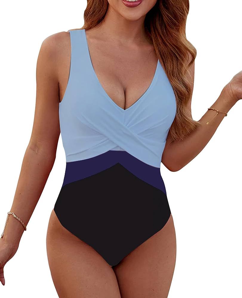 SALENT Womens One Piece Swimsuit 2024 Color Block Bathing Suits Slimming Tummy Control V Neck Twi... | Amazon (US)