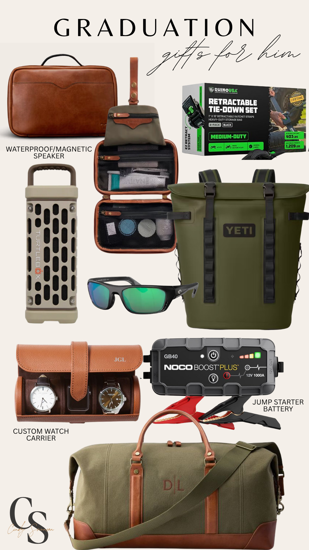 Graduation (high school or college) gifts for him! Dopp kit, retractable tie down straps, speaker, yeti cooler, sunglasses, jump starter battery, watch carrier, custom duffle bag!  

 #LTKmomlife #LTKU