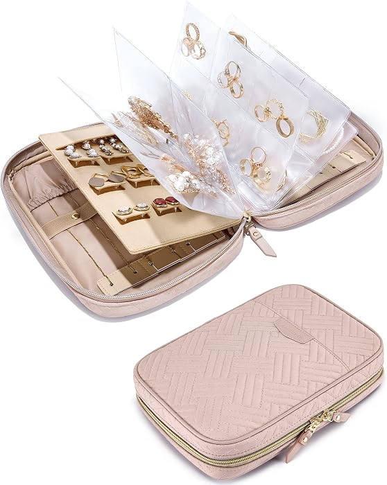 BAGSMART Large Jewelry Travel Organizer Case for Home Jewelry Organizer Storage Ring Binder Jewelry Bags Clear Jewelry Rolls Zipper Pouch Bag for Necklaces, Earrings, Rings, Bracelets, Pink | Amazon (US)